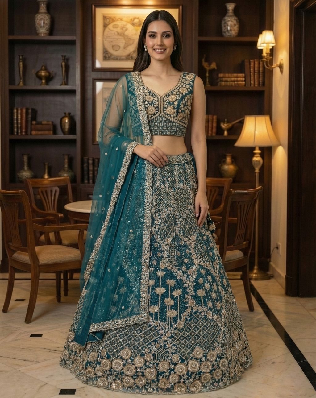 Firozi Pure Soft Net Heavy Embroidery Work Bridal Lehenga