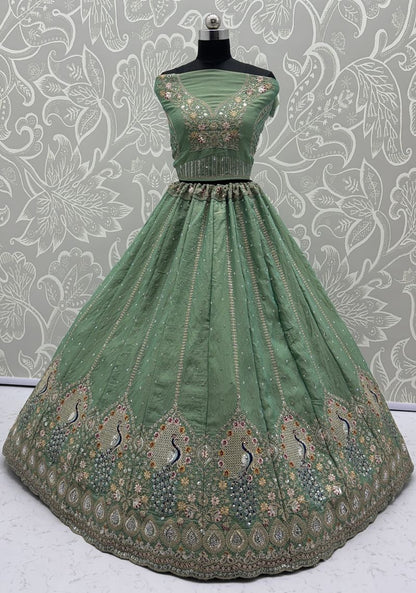 Pista Pure Soft Gadhwal Silk Heavy Embroidery Work Bridal Lehenga