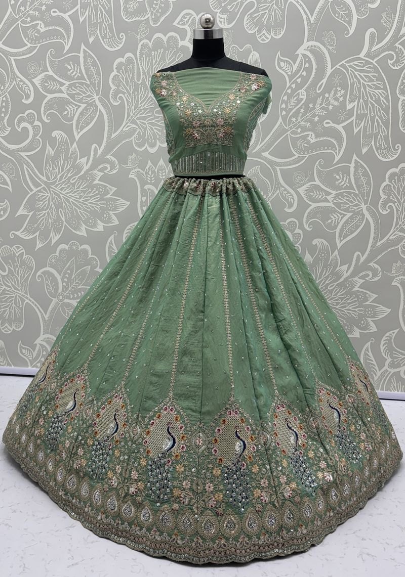 Pista Pure Soft Gadhwal Silk Heavy Embroidery Work Bridal Lehenga