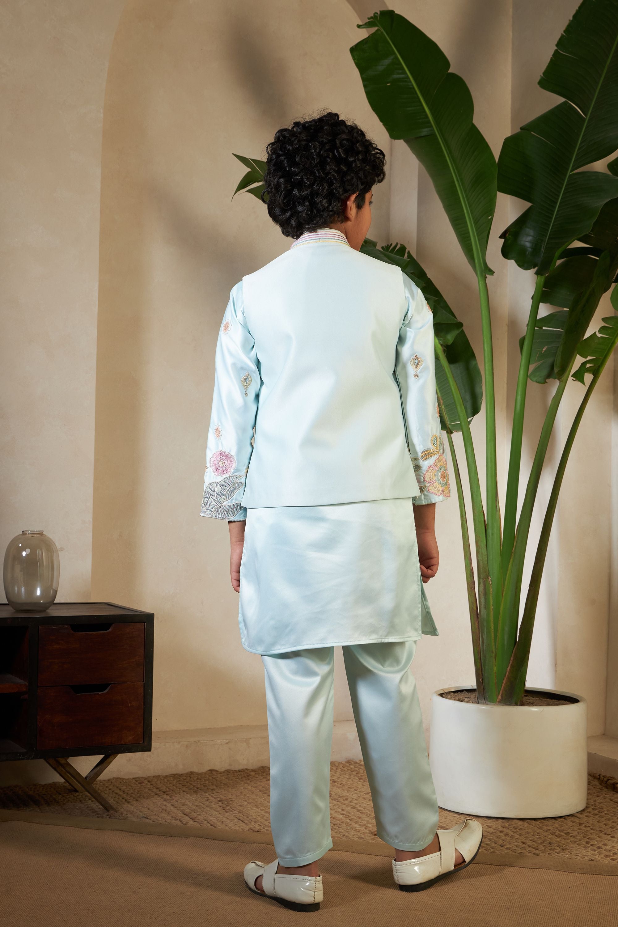 Pista Pure Satin Silk Kids Boy Kurta Pajama With Koti Jacket 