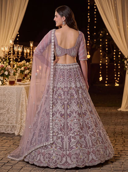 Lilac Pure Heavy Net Motif Handwork Zari Sequins Work Bridal Lehenga Choli