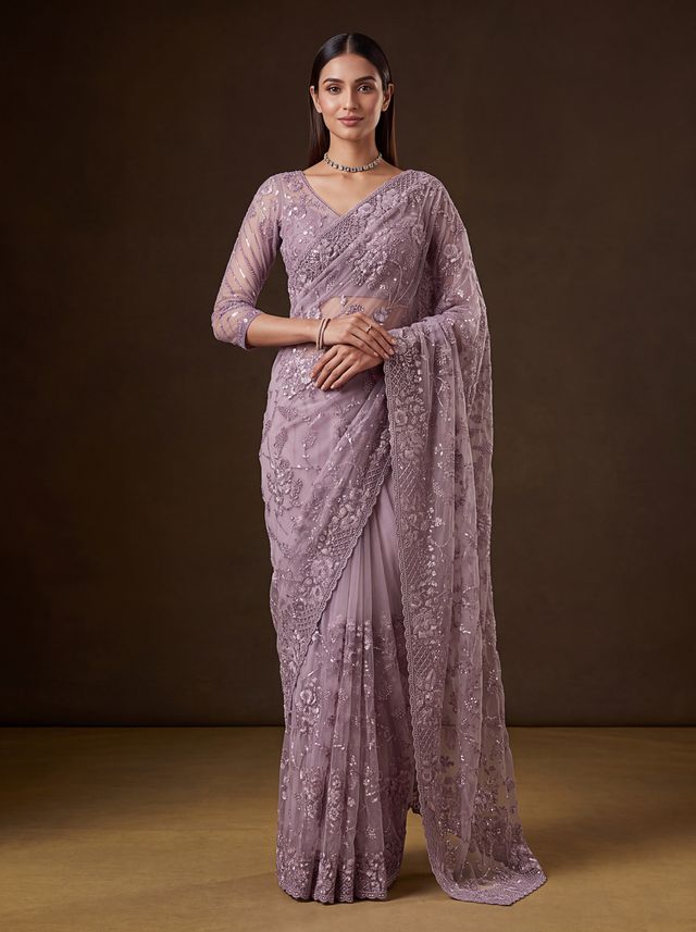 Lavender Pure Premium Net Handwork Kasti &amp; Motif Zari Metallic Sequins Work Wedding Saree