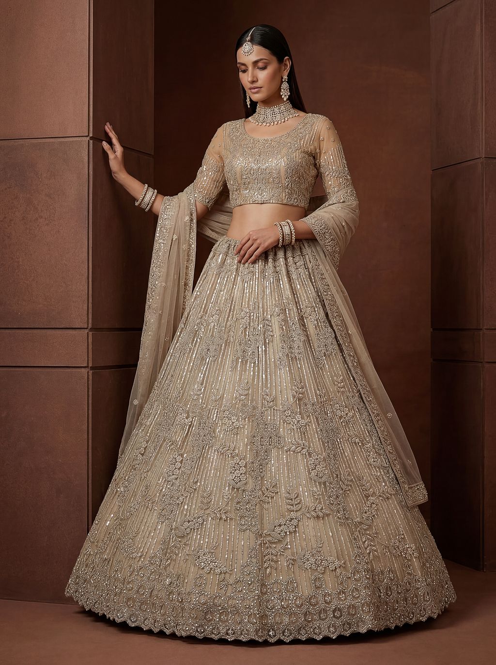 Golden Pure Soft Heavy Net Fancy Embroidery Work Bridal Lehenga Choli