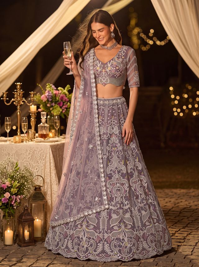 Lilac Pure Heavy Net Motif Handwork Zari Sequins Work Bridal Lehenga Choli