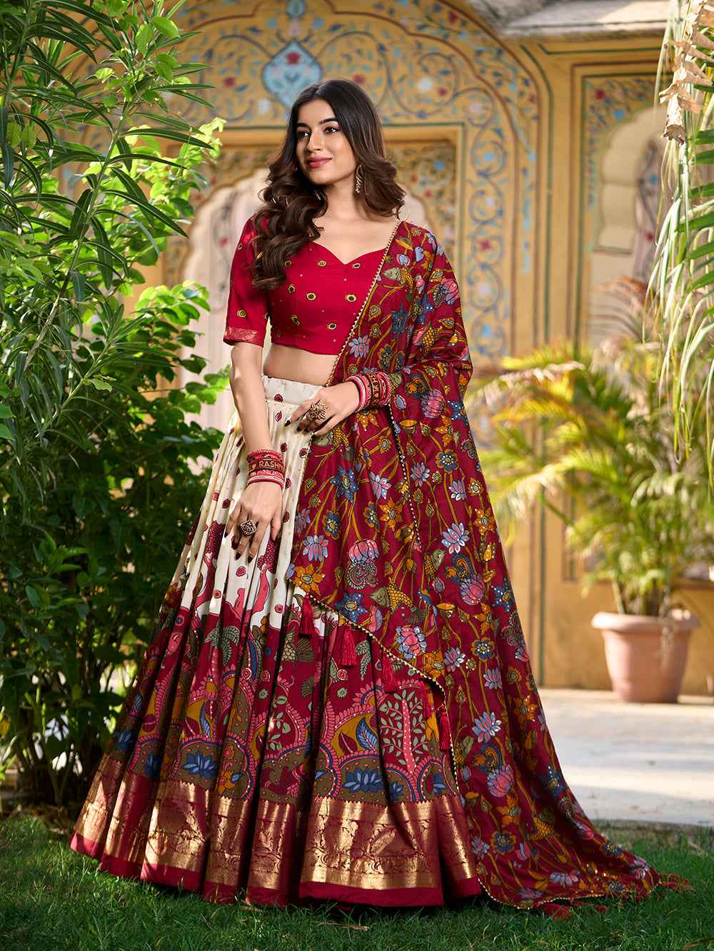 Off White Pure Tasar Silk Kalamkari Print With Foil Work  Lehenga Choli