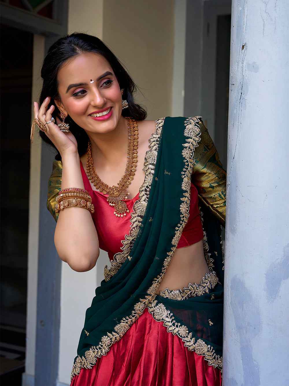 Red Pure Narayan Pattu with Zari Weaving &amp; Embroidery Paithani Lehenga Choli