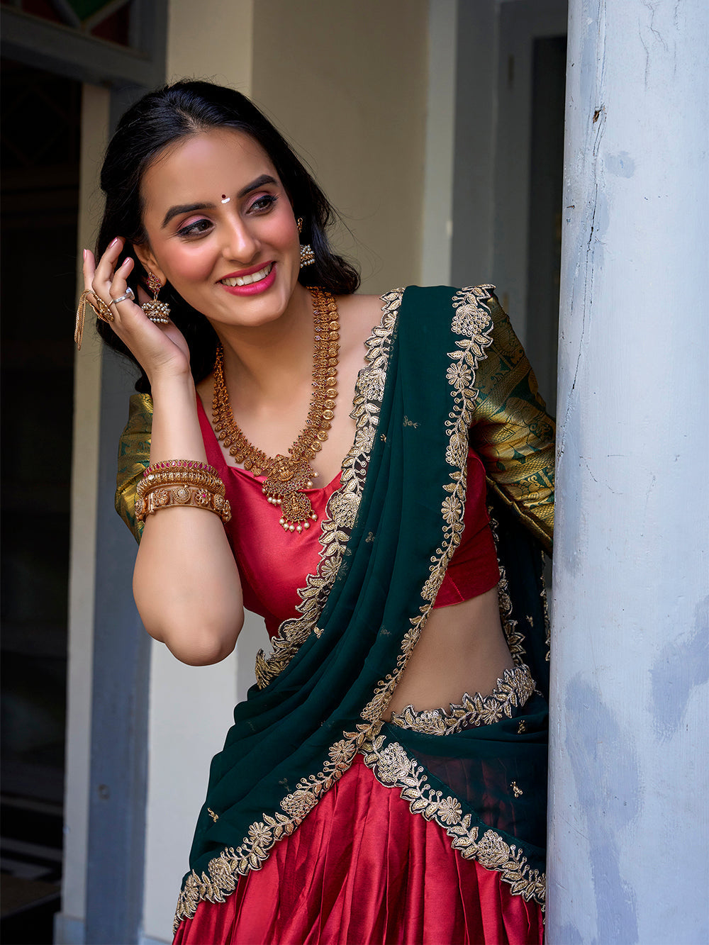 Red Pure Narayan Pattu with Zari Weaving &amp; Embroidery Paithani Lehenga Choli