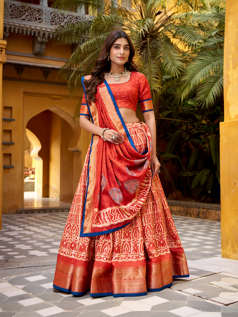 Rust Orange Color Batik Printed Dola Silk Lehenga ##color## Sequins Lehenga with premium fabric and embroidery