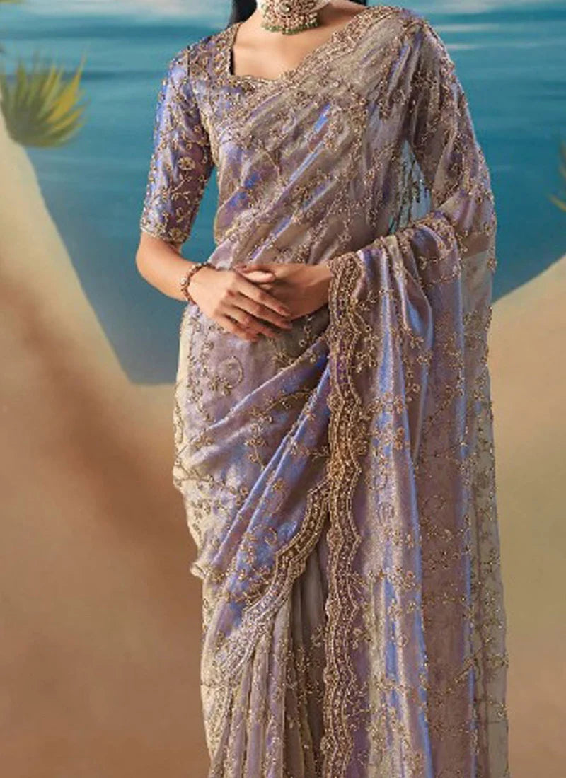 Lavender Fancy Organza Silk Zari Embroidered Sequins With Bridal Saree