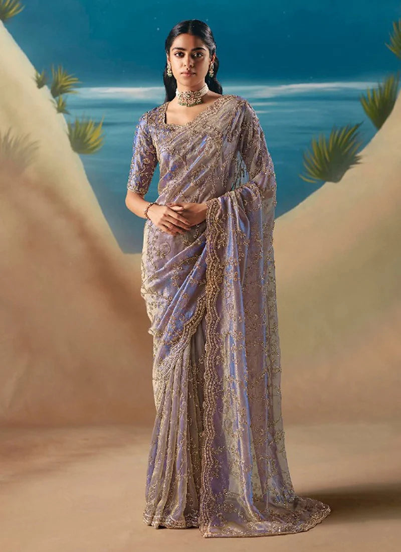 Lavender Fancy Organza Silk Zari Embroidered Sequins With Bridal Saree
