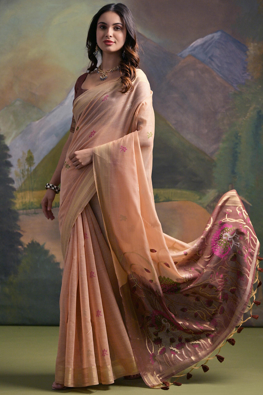 Light Peach Pure Soft Munga Handloom Weaving Cotton Saree