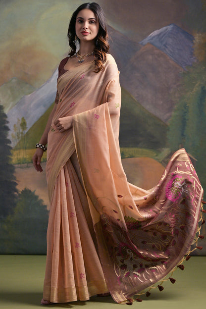 Light Peach Pure Soft Munga Handloom Weaving Cotton Saree Cotton saree Anant Tex Exports Pvt.Ltd..