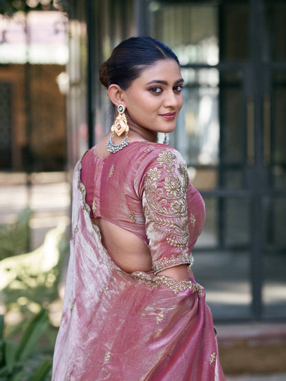 Light Pink Pure Fendi Silk Sequins &amp; Thread Embroidery Work Lehenga Choli