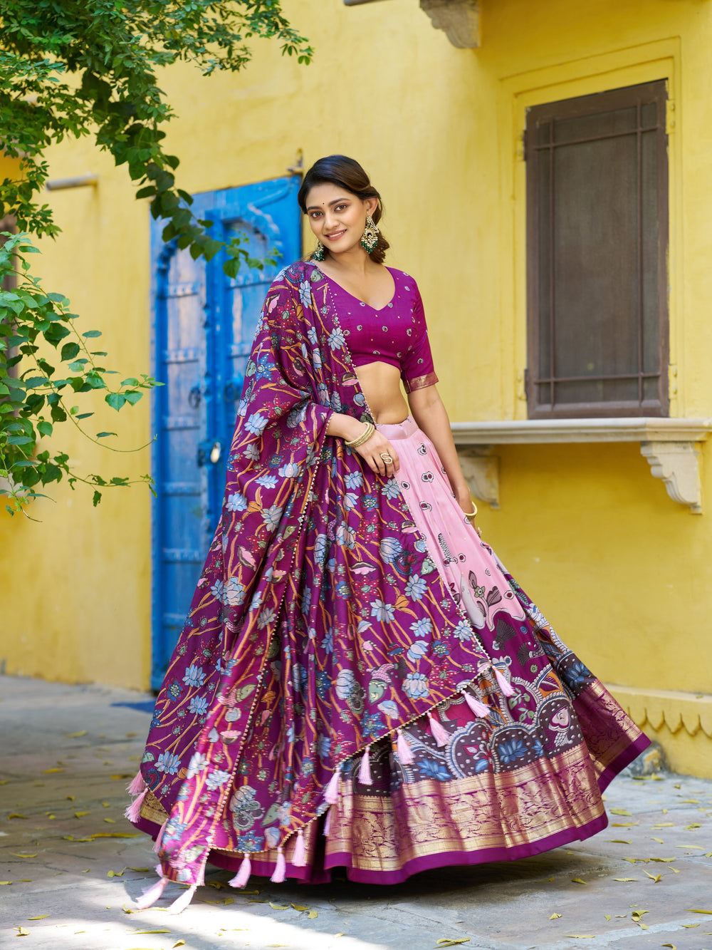 Light Pink Pure Tasar Silk Kalamkari Print With Foil Work Lehenga Choli