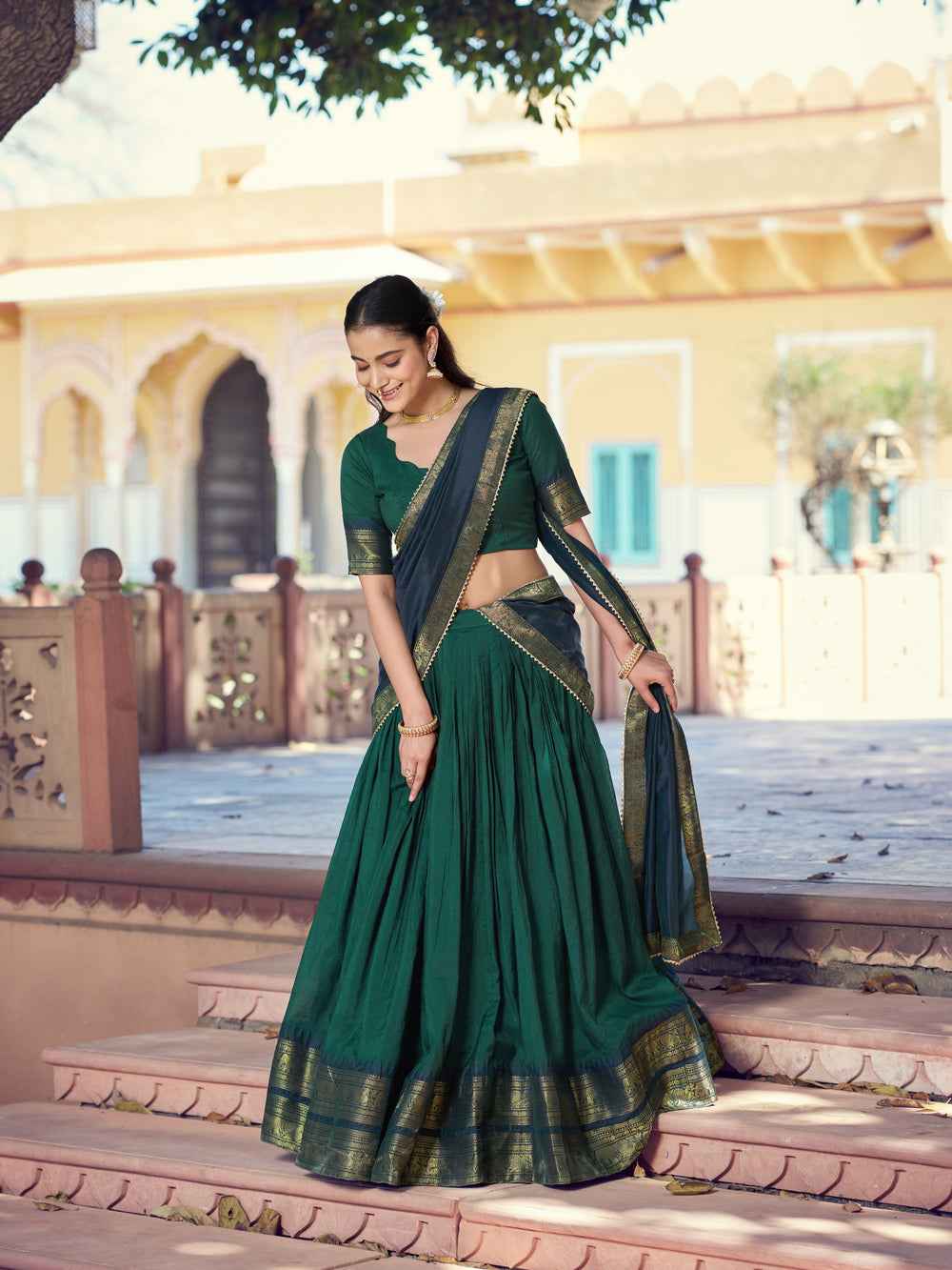 Green Pure Poly Poly Cotton with Zari Woven Half Saree Lehenga