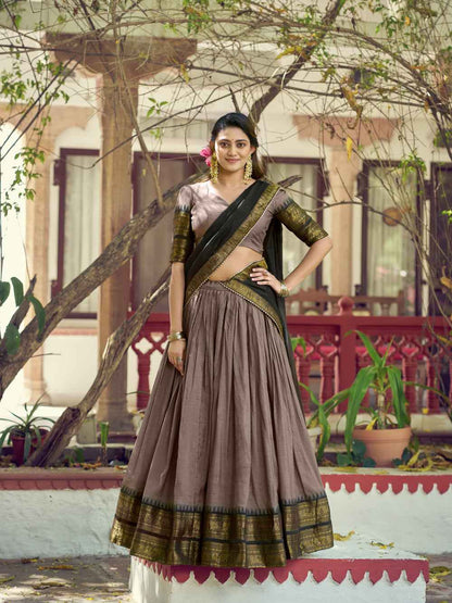Brown Pure Poly Poly Cotton with Zari Woven Half Saree Lehenga