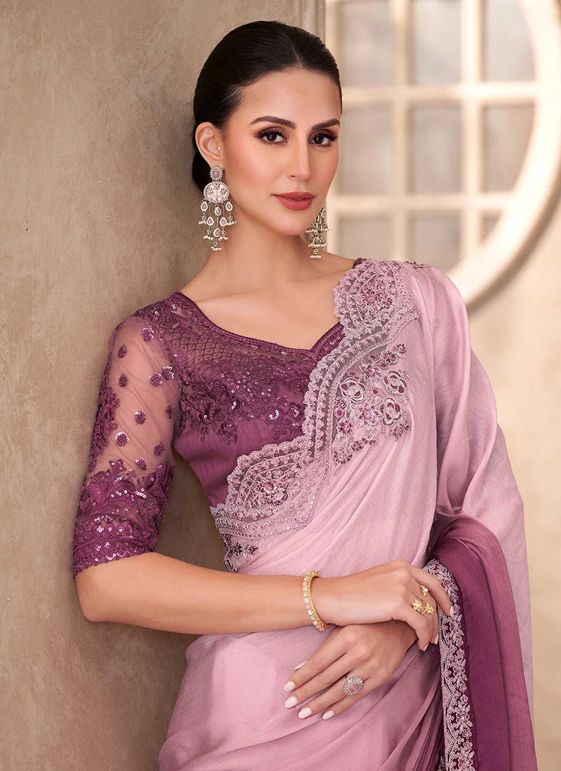 Pink &amp; Wine Pure Georgette Chiffon With Embroidery Sequins Saree 