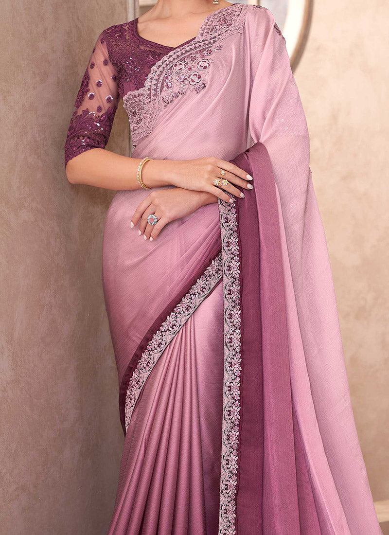 Pink &amp; Wine Pure Georgette Chiffon With Embroidery Sequins Saree 