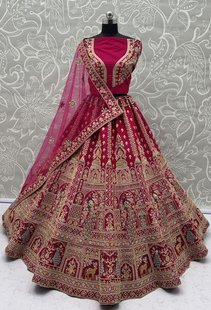 Rani Pink Pure Soft Silk Heavy Embroidery Work Bridal Lehenga 