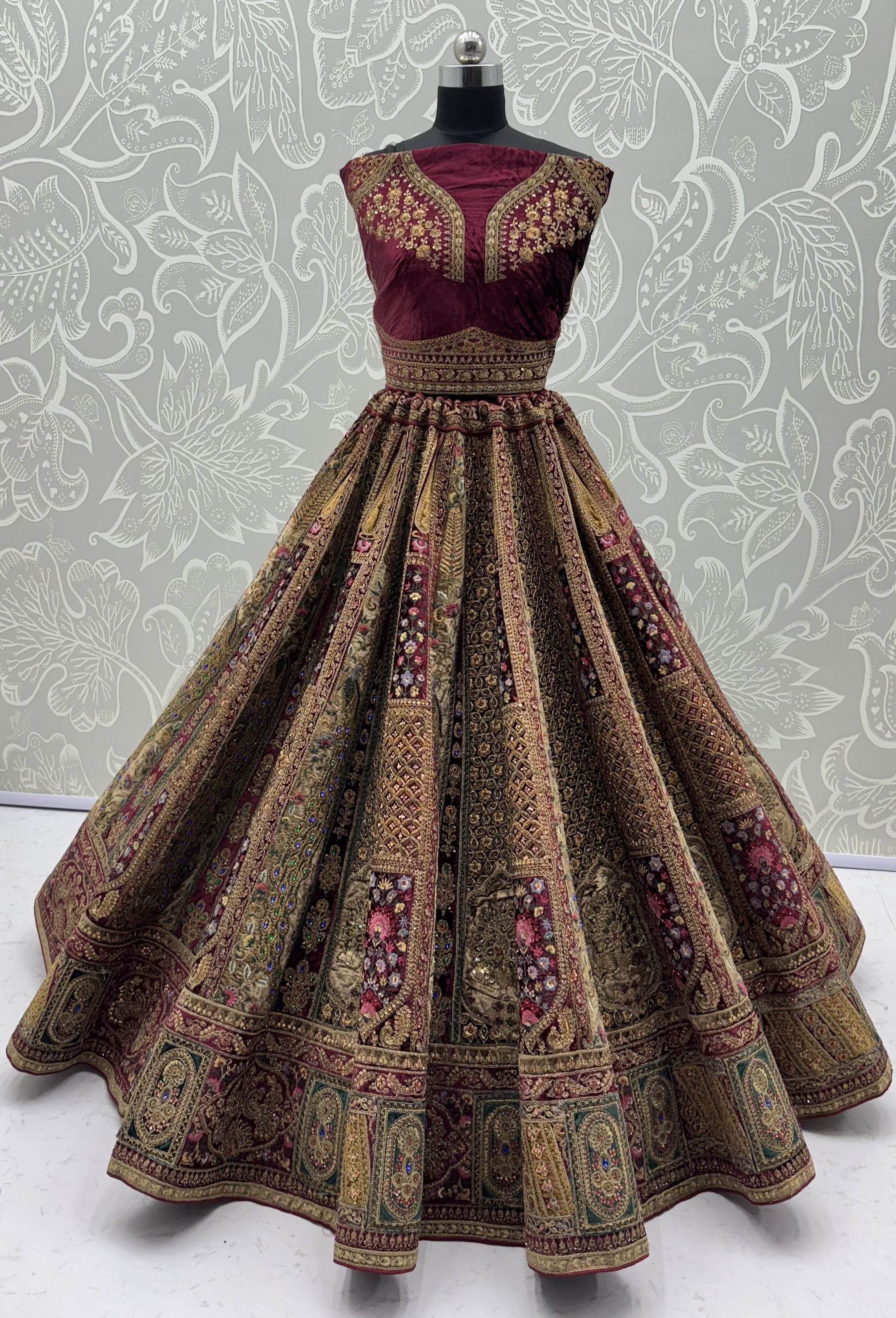 Maroon Pure Velvet Heavy Embroidery Patch Work &amp; Sequins Thread Work Bridal Lehenga Chol