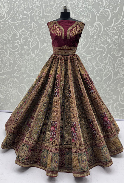 Maroon Pure Velvet Heavy Embroidery Patch Work &amp; Sequins Thread Work Bridal Lehenga Chol