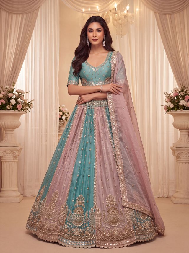 Multi Pure Soft Satin Silk Heavy Beads Motif Zari Embroidery Sequins Work Bridal Lehenga Choli