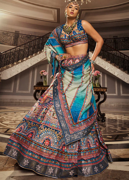 Steel Blue Multicolor Banarasi Silk Lehenga Choli with Woven Design