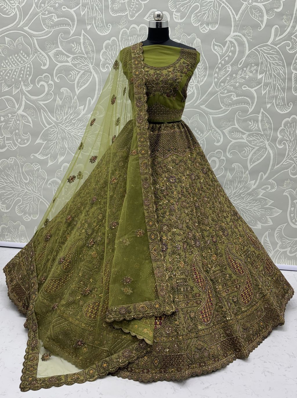 Pista Pure Soft Heavy Net Sequins Embroidery Work Bridal Lehenga 