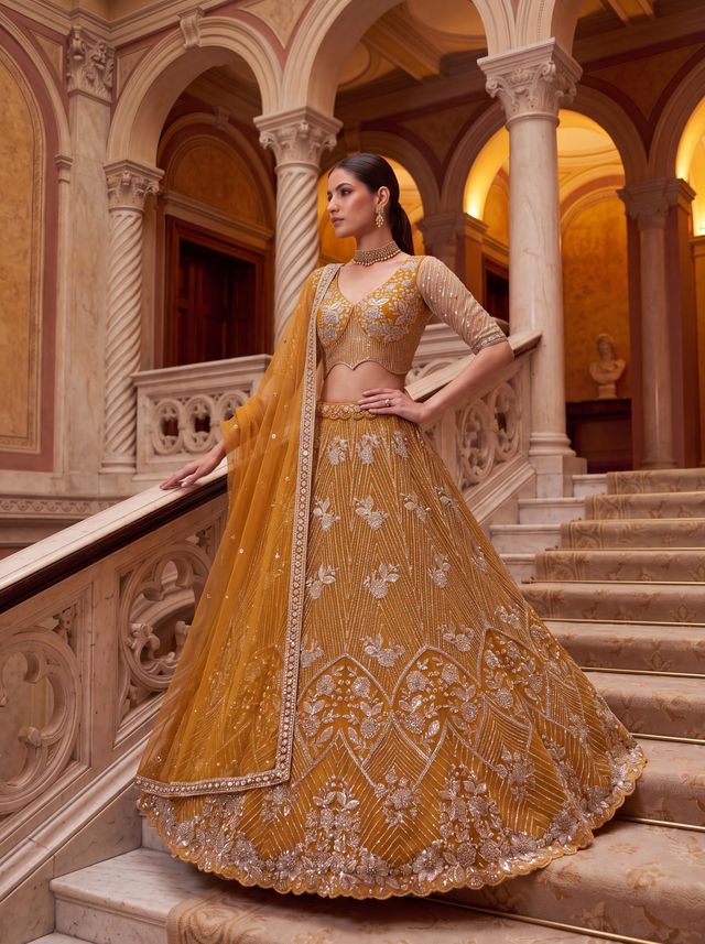 Yellow Pure Heavy Net Motif Handwork Zari Sequins Work Bridal Lehenga Choli