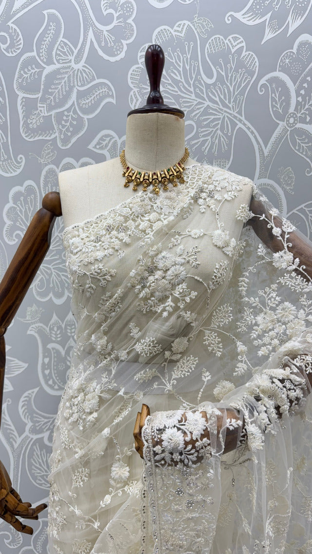 White Pure Premium Net Handwork Kasti &amp; Motif Zari Metallic Sequins Work Wedding Saree