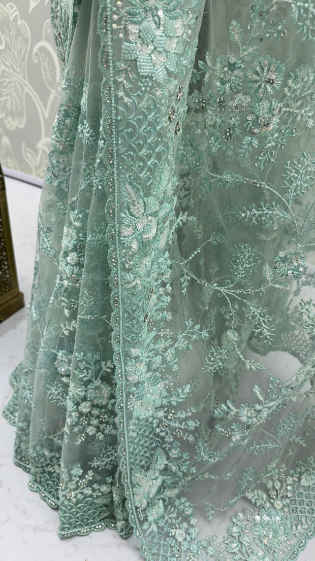 Sea Green Pure Premium Net Handwork Kasti &amp; Motif Zari Metallic Sequins Work Wedding Saree