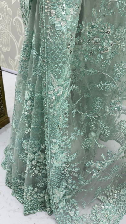 Sea Green Pure Premium Net Handwork Kasti &amp; Motif Zari Metallic Sequins Work Wedding Saree