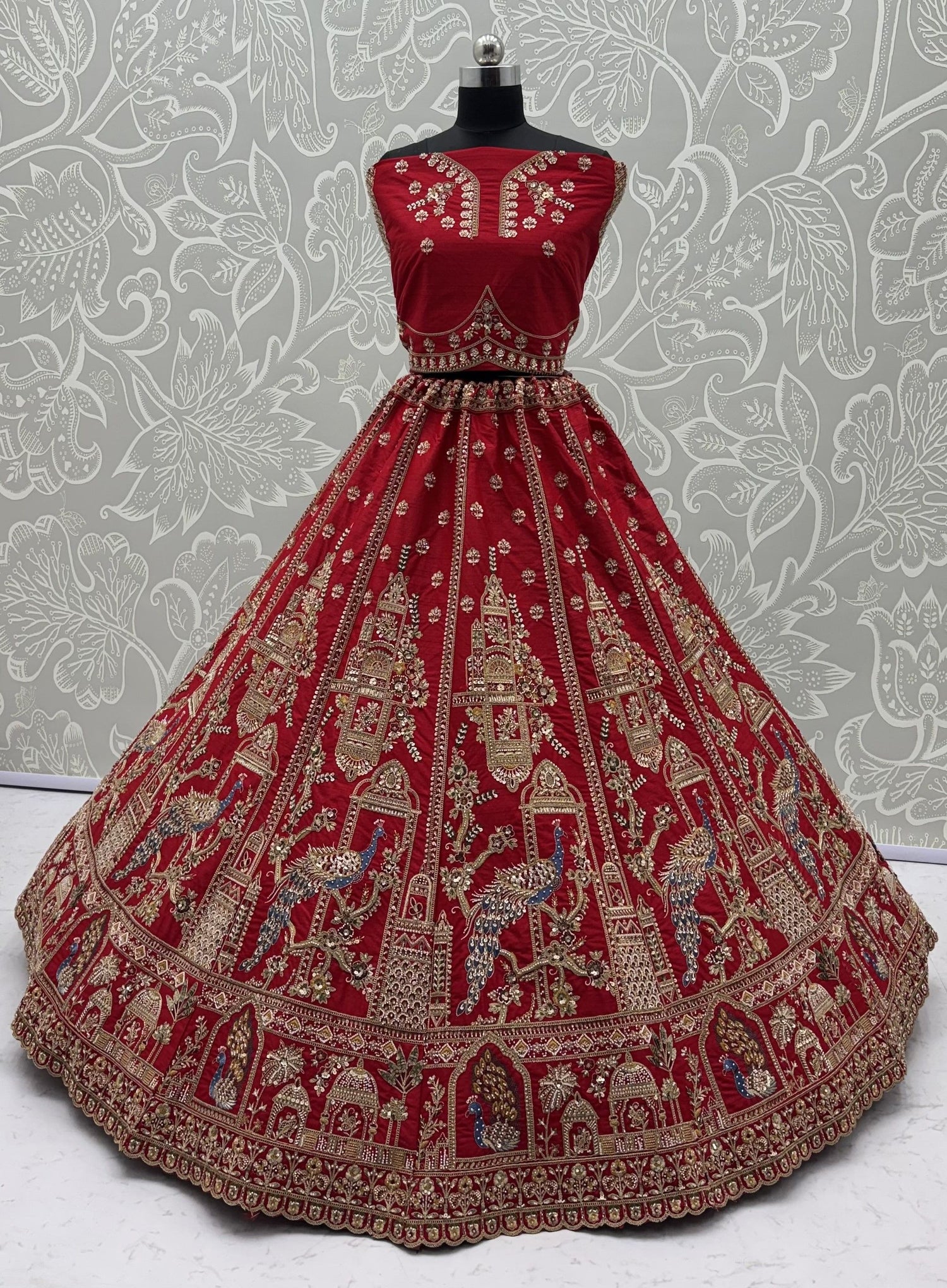 Red Pure Gadhwal Silk Khatali Handwork Sequins &amp; Crystal Bridal Lehenga Choli