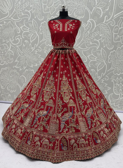 Red Pure Gadhwal Silk Khatali Handwork Sequins &amp; Crystal Bridal Lehenga Choli