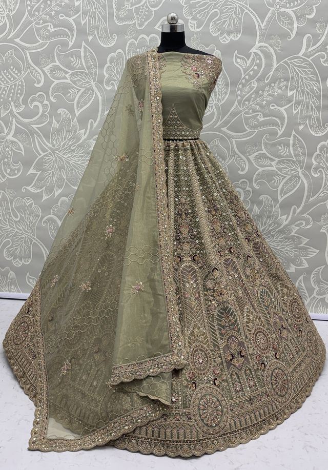 Pista Pure Soft Heavy Net Sequins Embroidery Work Bridal Lehenga 