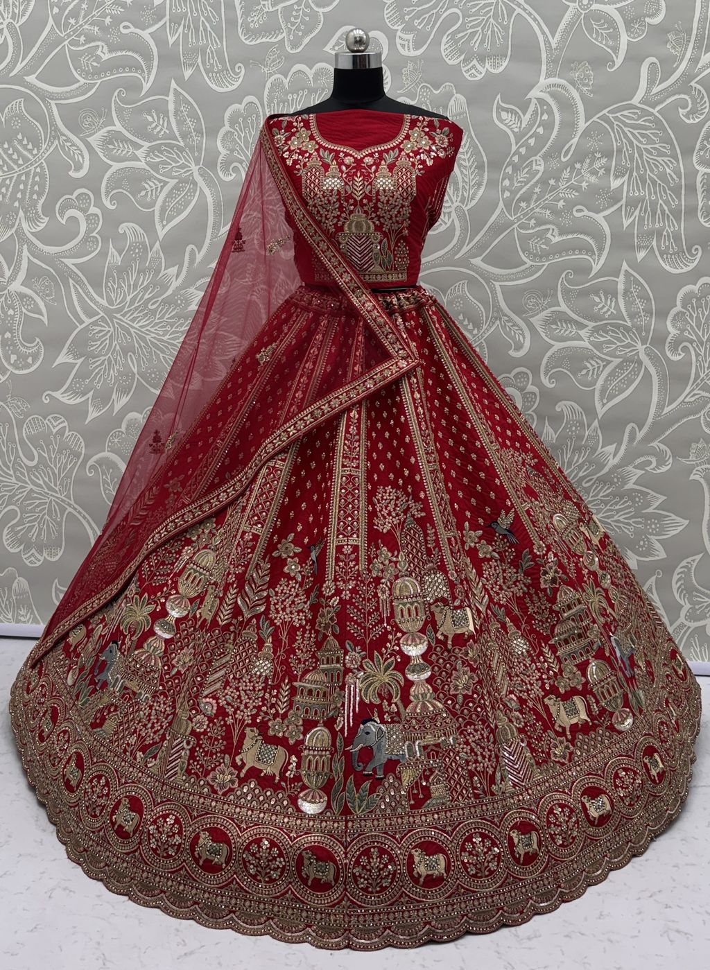 Red Pure Soft Gadwal Silk Heavy Embroidery Work Bridal Lehenga 