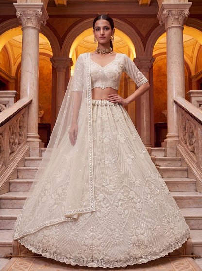 White Pure Heavy Net Motif Handwork Zari Sequins Work Bridal Lehenga Choli