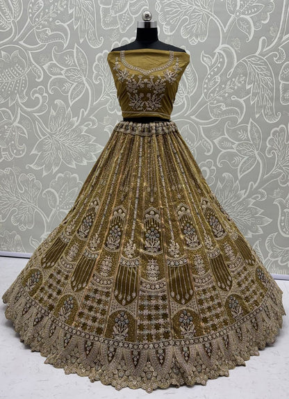 Golden Pure Soft Heavy Net Fancy Embroidery Work Bridal Lehenga Choli