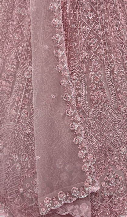 Pink Pure Heavy Net Motif Handwork Zari Sequins Work Bridal Lehenga Choli