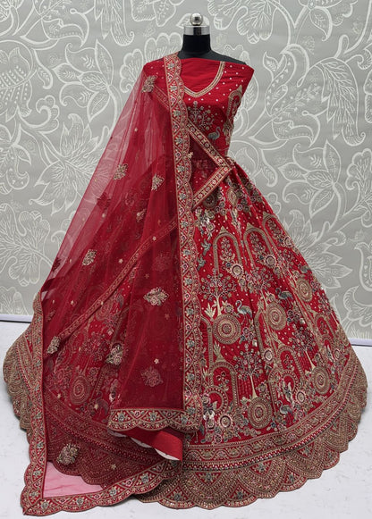 Red Pure Soft Silk Heavy Embroidery Work Bridal Lehenga 