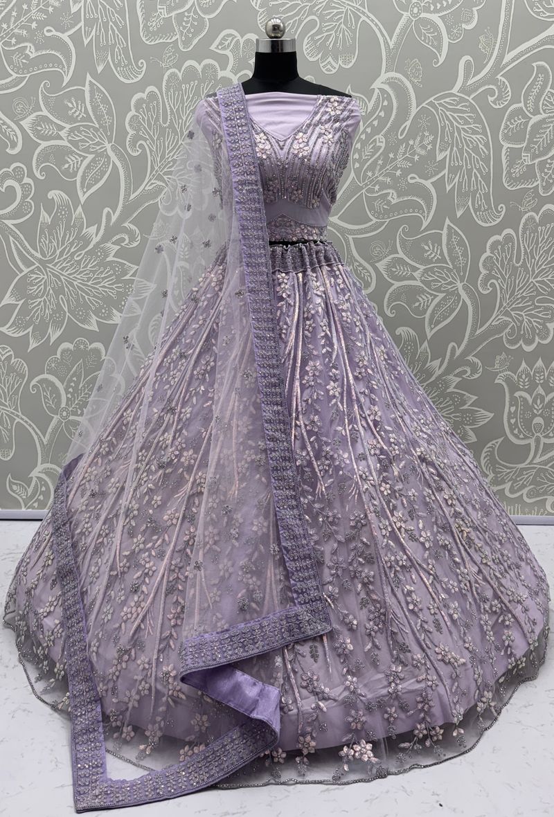 Light Purple Pure Soft Net Heavy Embroidery Work Bridal Lehenga