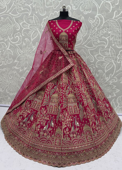 Pink Pure Soft Gadwal Silk Heavy Embroidery Work Bridal Lehenga 