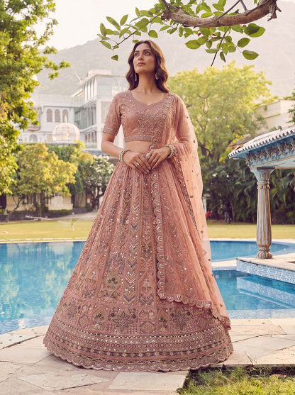 Peach Pure Soft Heavy Net Fancy Embroidery Work Bridal Lehenga Choli