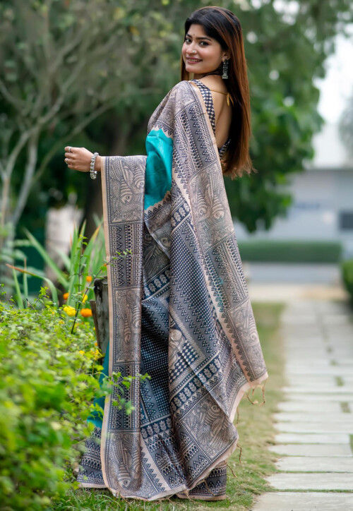 Turquoise Pure Soft Tussar Silk Madhubani Saree Tussar Saree Anant Tex Exports Pvt.Ltd..