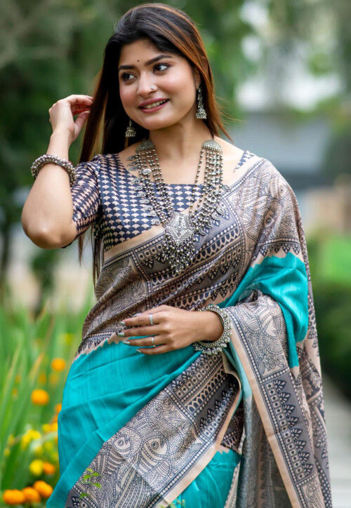 Turquoise Pure Soft Tussar Silk Madhubani Saree