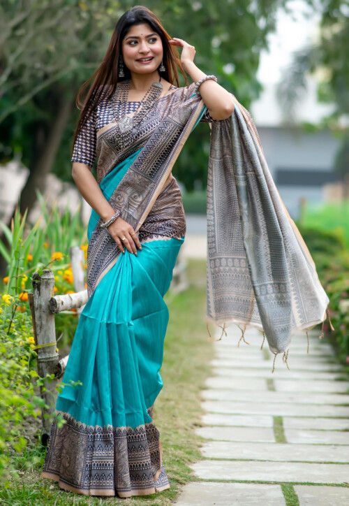 Turquoise Pure Soft Tussar Silk Madhubani Saree