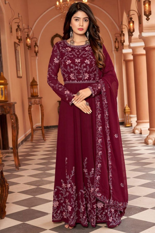 Beautiful Designer Maroon Faux Georgette Anarkali Suit