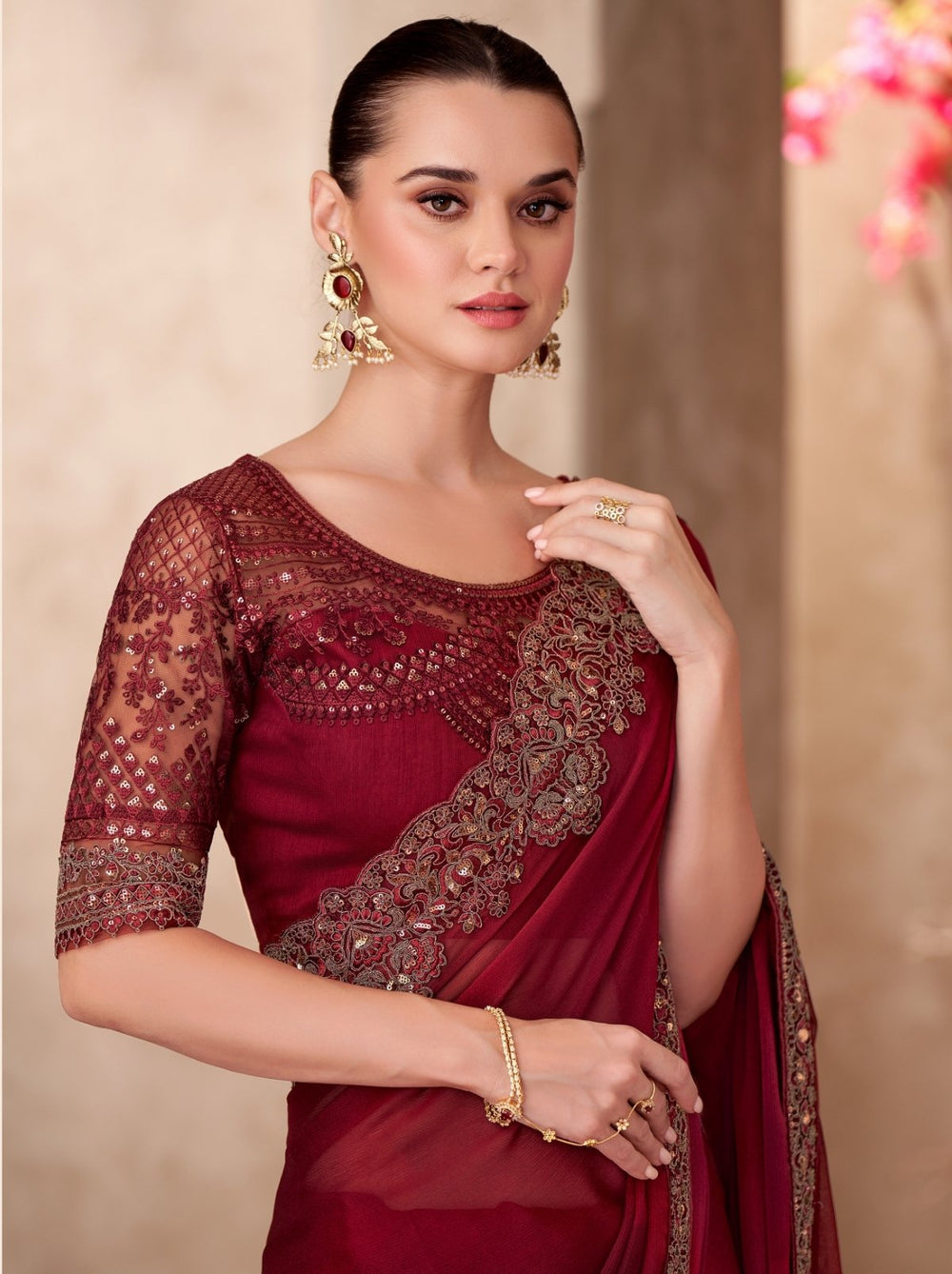 Maroon Pure Georgette Chiffon With Embroidery Sequins Saree 