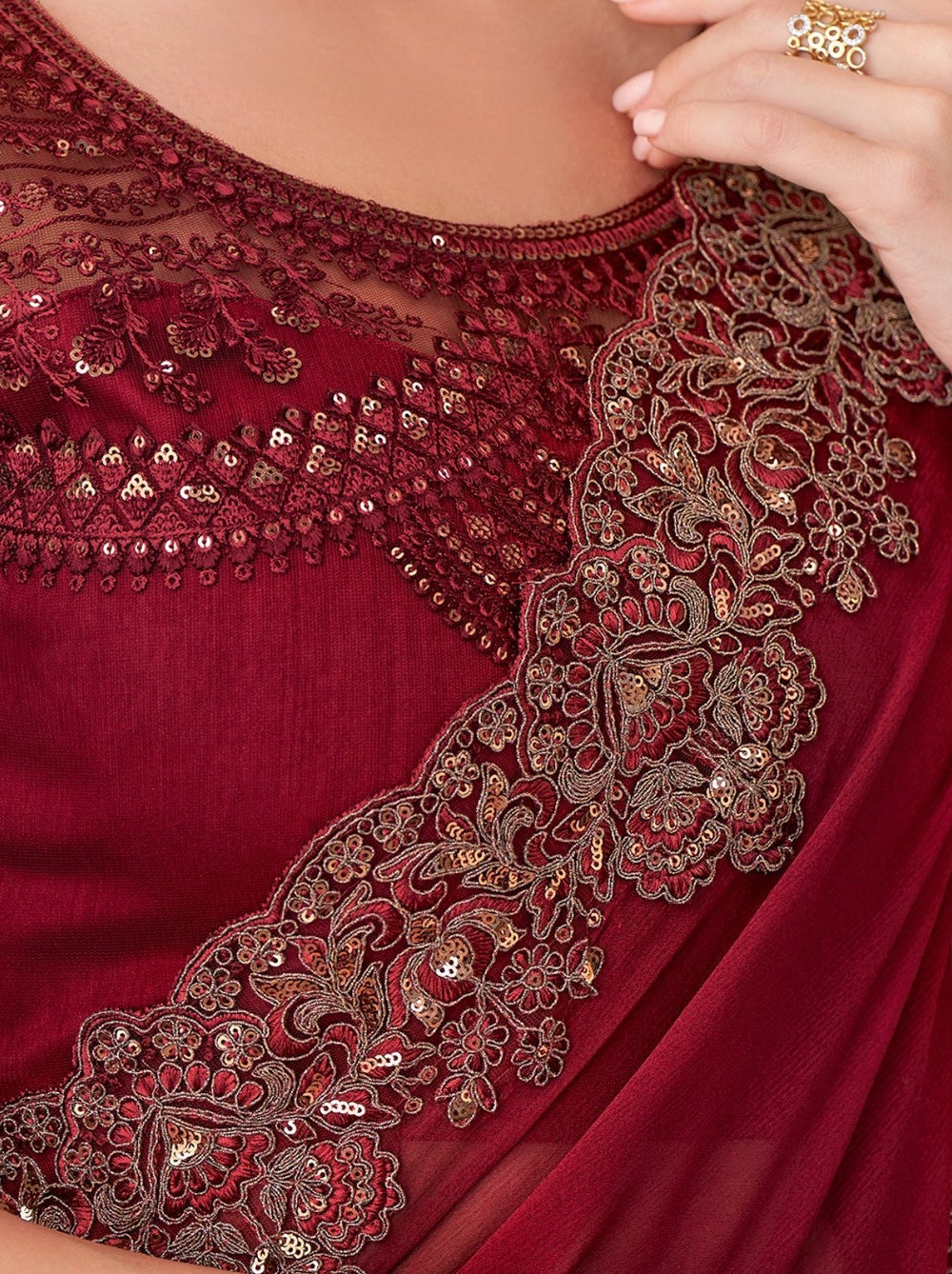 Maroon Pure Georgette Chiffon With Embroidery Sequins Saree 