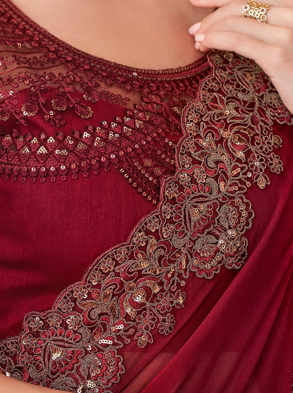 Maroon Pure Georgette Chiffon With Embroidery Sequins Saree 